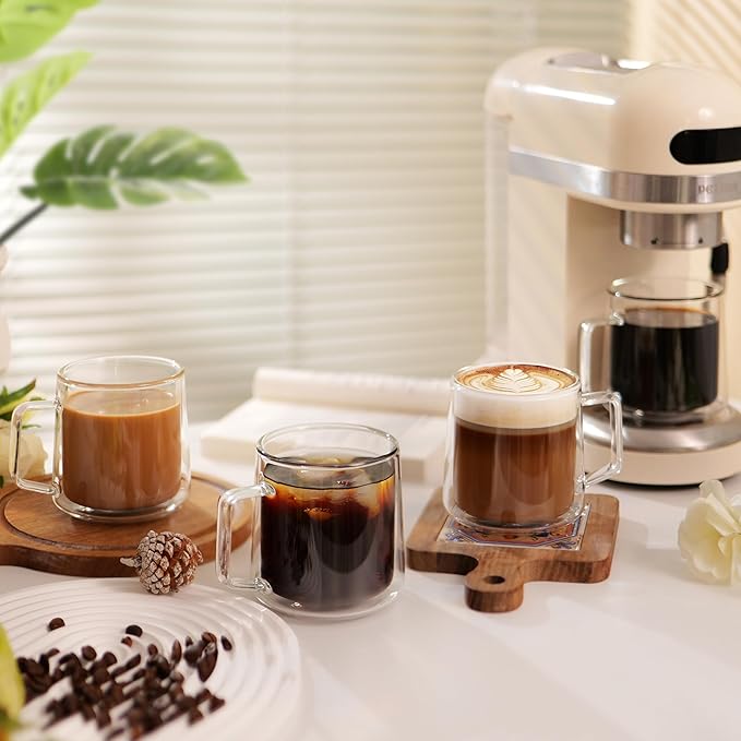 CNGLASS 15oz(4-pack) Double Walled Glass Coffee Mugs,Large Insulated Glass Mugs with Handle,Clear Coffee Cups for Espresso,Latte,Cappuccino,Tea - Bloomnest