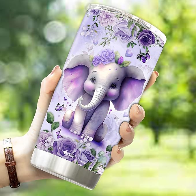 Personalized Elephant Tumbler Customized Name Elephants Mug Gift Mugs Funny Gifts For Adults Purple Flowers Cups 20oz Insulated Stainless Steel Coffee Cup With Lid - Bloomnest