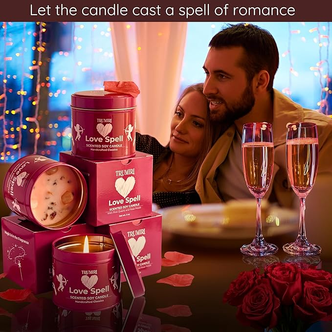 Love Spell - Scented Candles for Women & Men with Rose Petals and Crystals - Pack of 3 x 5oz Soy Clean Organic Non Toxic - Velas Aromáticas - Aromatherapy Spa Valentines Gift Candel TRUMIRI