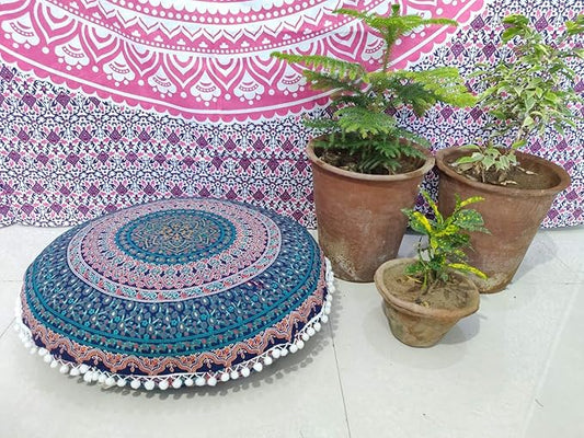 INDIAN CRAFT CASTLE 24" Brown Peacock Mandala Barmeri Large Floor Pillow Cover Cushion Meditation Seating Ottoman Throw Cover Hippie Decorative Zipped Bohemian Pouf Ottoman Pom Pom Cases 24" Round - Bloomnest