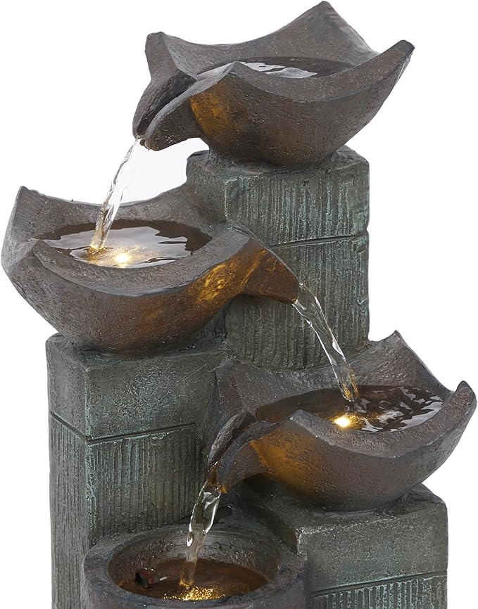 Alpine Corporation TZL414 14" 4 Tier Squared Bowls Fountain with LED Lights, Elegant Tabletop Water Feature for Home, Office, Living Room, Bedroom & Desk Decor, Gray - Bloomnest