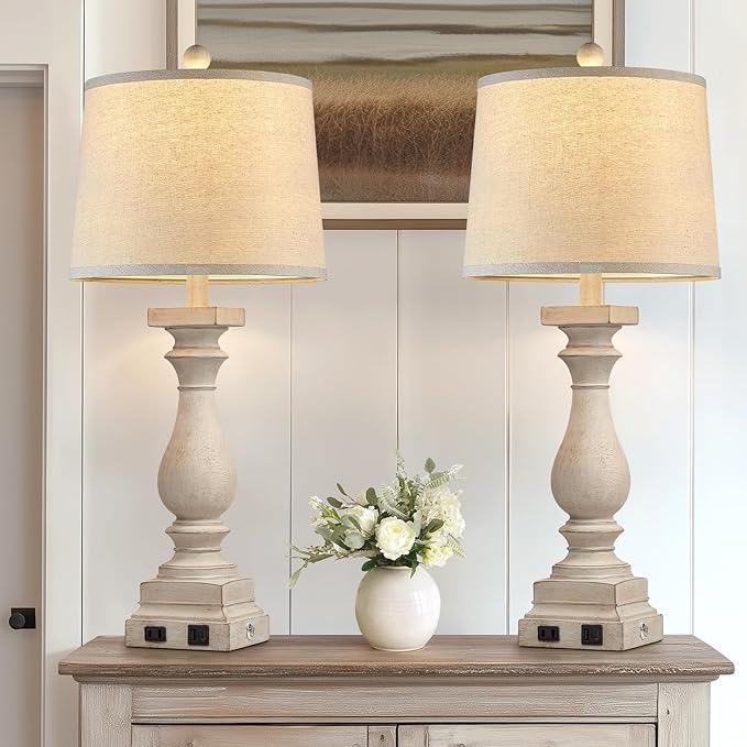 28" Tall Farmhouse Table Lamps Set of 2 with USB C+A Ports and AC Outlet, 3 Way Touch Control Rustic Bedside Lamp for Bedroom, Beige Vintage Nightstand Lamp for Living Room Office - Bloomnest