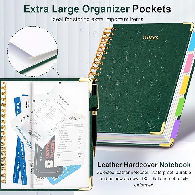 Hardcover Spiral Notebook 8.5"x11" Journal Notebook with Tabs and Removable Dividers 300 Pages 5 Subject Notebook College Ruled, Faux Leather Spiral Bound Notebook for Women School Work(Green) - Bloomnest