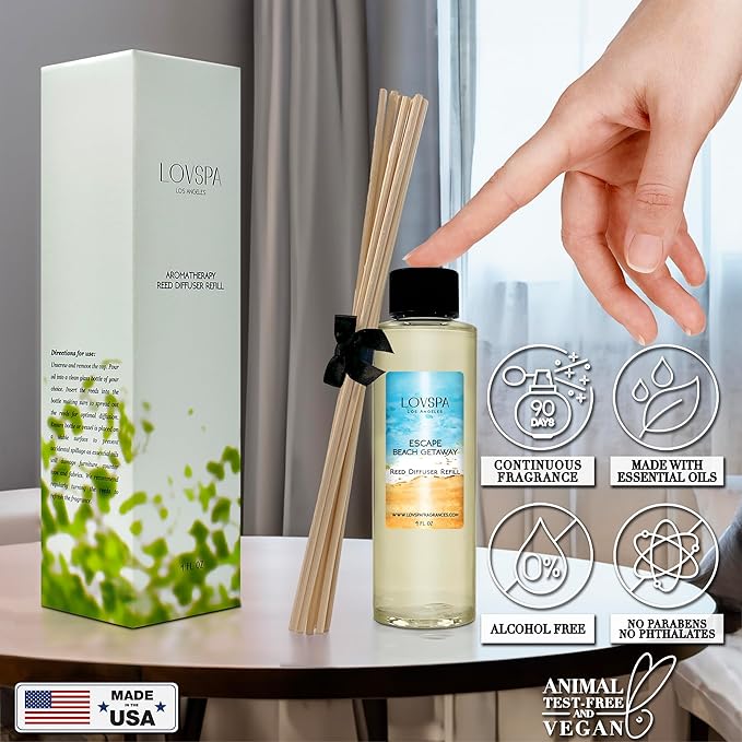 LOVSPA Escape Beach Getaway Diffuser Oil - Luxury Essential Oils for Diffuser Refill & Air Freshener Room Spray - Long-Lasting & Natural Home Fragrance, Scented Oil for Diffusers, USA Made, 4oz - Bloomnest