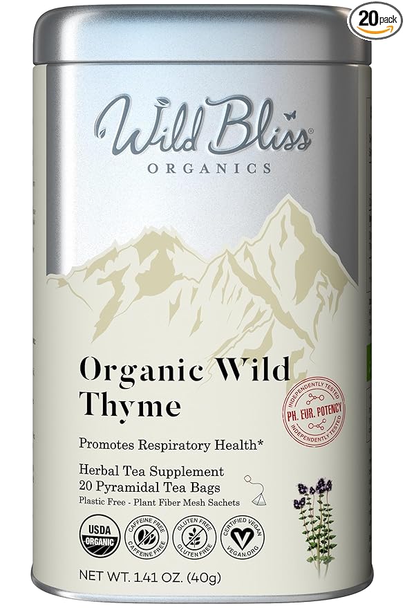 Wild Bliss Organic Wild Thyme Tea - Caffeine Free Respiratory Herbal Support - Pharmacopoeia Potency - 20 Plant Based Tea Bags - Bloomnest