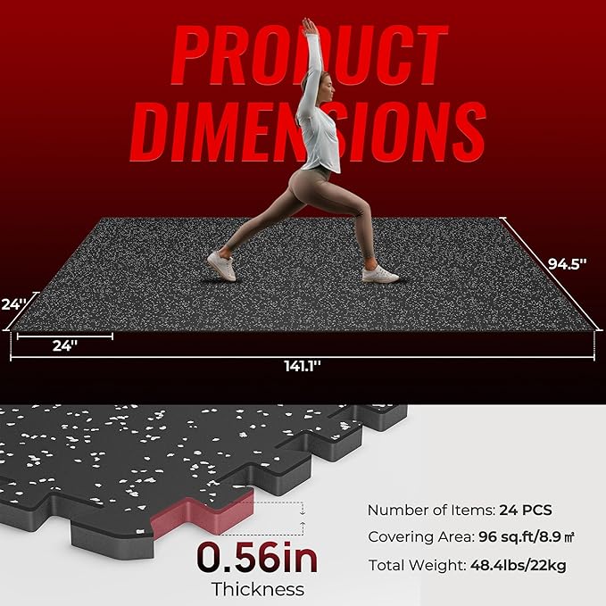 SUPERJARE 0.56'' Thick 24 Pcs 96 Sq Ft Rubber Top Exercise Equipment Mats, High Density EVA Foam Mats with Rubber Top, Interlocking Gym Flooring for Home Gym, Protective Workout Mat, Black/Grey - Bloomnest
