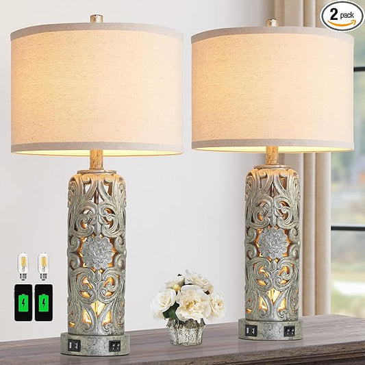 25'' Set of 2 Industrial Table Lamps for Living Room with Dual USB Ports, Vintage Resin Nightstand Lamp for Bedroom with Nightlight, Antique Rustic Desk Lamp for Entryway, 2 Bulbs Included - Bloomnest