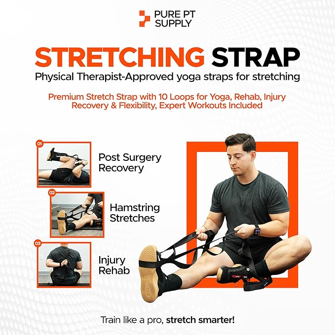 Pure PT Stretching Strap – Physical Therapist-Approved yoga straps for stretching | Premium Stretch Strap with 10 Loops for Yoga, Rehab, Injury Recovery & Flexibility, Expert Workouts Included - Bloomnest