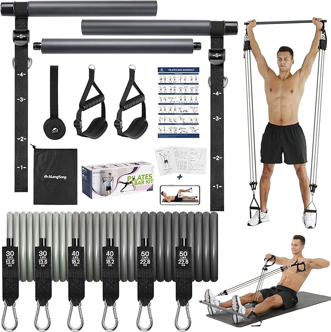 Upgraded Pilates Bar Kit with Resistance Bands Natural Latex for Women & Men, Heavy-Duty Stainless Steel Multifunctional Yoga Pilates Stick for Home Gym Exercise Fitness Equipment Full-Body Workouts - Bloomnest