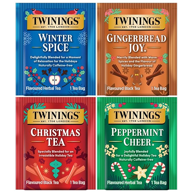 Twinings Holiday Variety Pack Tea Bags, Christmas Tea, Winter Spice, Gingerbread Joy, Peppermint Cheer, 20 Count (Pack of 4), Enjoy Hot or Iced, 80 Teabags - Bloomnest