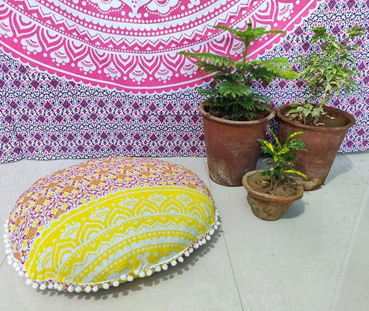 24" Yellow Orange Ombre Mandala Barmeri Large Floor Pillow Cover Cushion Meditation Seating Ottoman Throw Cover Hippie Decorative Zipped Bohemian Pouf Ottoman Pom Pom Cases 24 " round - Bloomnest
