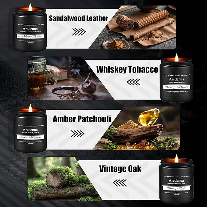 Mens Candle Set – Manly Candles for Men, 4 Pack Soy Candles for Home Scented, Masculine Candle Gift Set - Includes Sandalwood Leather, Whiskey Tobacco, Amber Patchouli & Vintage Oak - Bloomnest