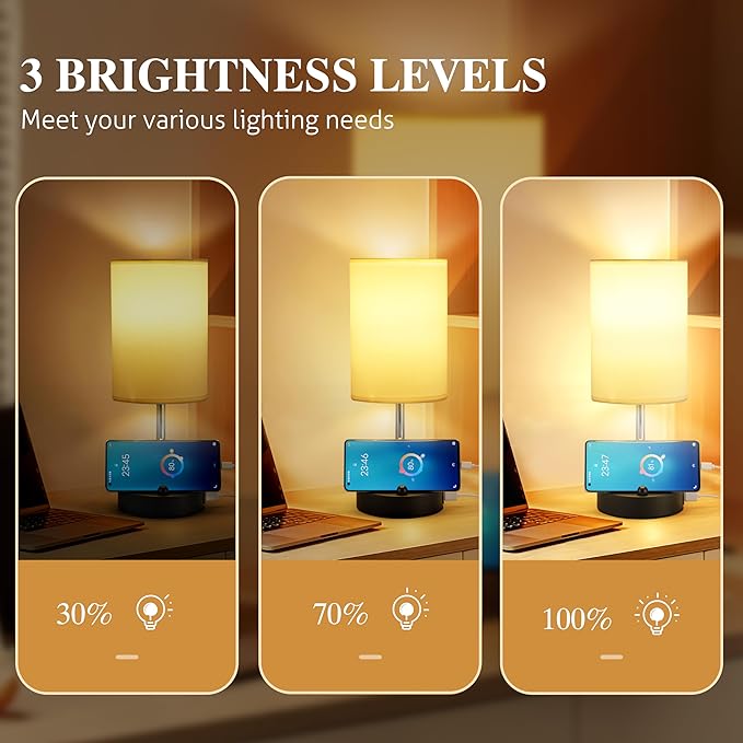 Briever Touch Control Table Lamp for Bedroom, 3-Way Dimmable Nightstand Lamp with USB USB A+C Charging Ports, Bedside Desk Lamp with Phone Stand & Linen Fabric Shade for Livingroom, Bulb Included - Bloomnest