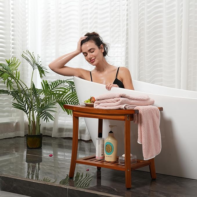 Utoplike Teak Shower Bench Seat with Handles, Portable Wooden Spa Bathing Stool with Storage Towel Shelf, 22" x 13" x 18.6", Perfect for Indoor and Outdoor Use - Bloomnest
