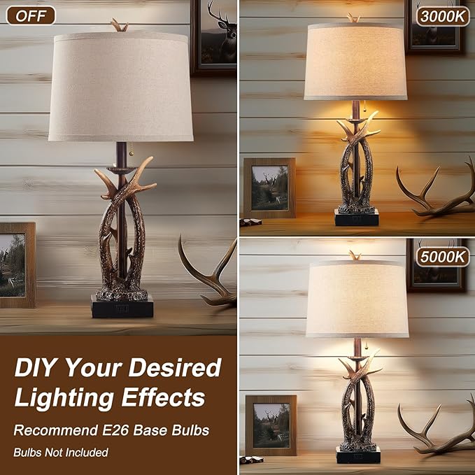 Farmhouse Deer Antler Table Lamps Set of 2 Rustic Western Bedside Lamp with USB A+C & Outlet Vintage Nightstand Lamps for Log Cabin Bedroom Hunting Themed Living Room End Table Cottage Home Decor - Bloomnest
