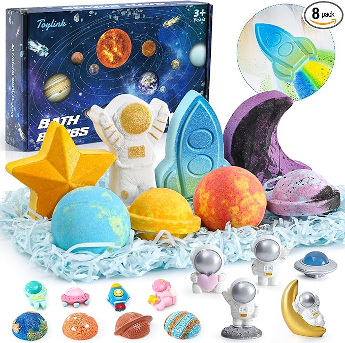 Space Bath Bombs for Kids with Surprise Inside, 8 Pack Kids Galaxy Bath Bombs with Space Toys for Toddler Boys Girls Handemade Rainbow Bubble Bath Fizzies Birthday Christmas Gift Set - Bloomnest