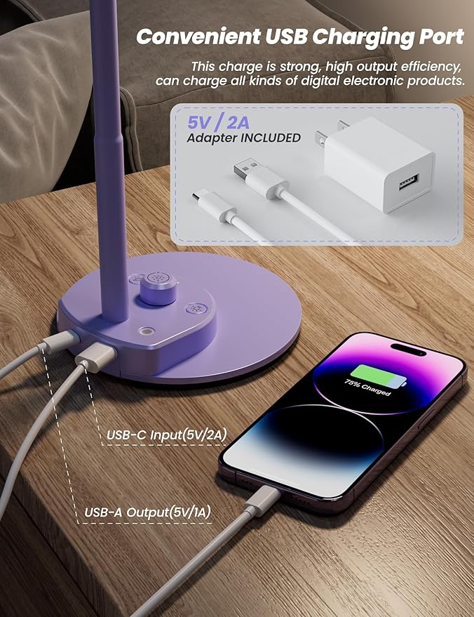 BOHON LED Desk Lamp with USB Charging Port, 3 Color Modes Fully Dimmable Reading Lamp, Auto Dimming Task Lamp, Flexible Gooseneck Table Light for Office Dorm Bedside, Adapter Include, Lilac Purple - Bloomnest