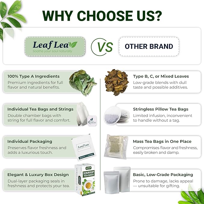 LeafLea 120 Soursop Tea Bags, from 100% Natural Pure Soursop Graviola Leaves, Improve Digestion, Support Healthy Skin & Sleep, Herbal Tea Caffeine-free, Hojas De Guanabana Tea, Non-GMO, Pack of 3 - Bloomnest