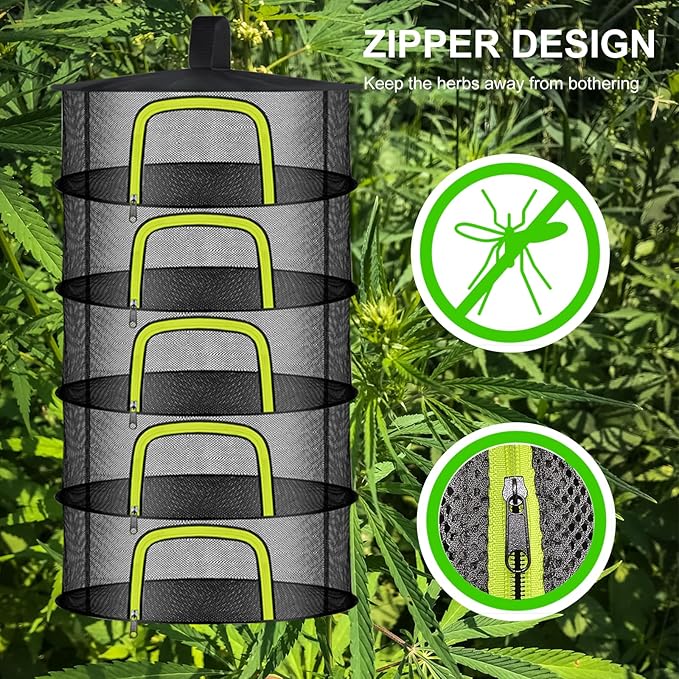 5 Layer Herb Drying Rack, Herb Drying Rack Hanging Mesh, Foldable Bud Drying Net with U-Shaped Zipper, Hooks, for Drying Herbs Plants, Flowers, Fruits, Food, Camping (5 Layers-23.62'') - Bloomnest