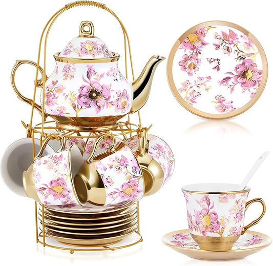 Zhehao 20 Pcs Porcelain Tea Set with Metal Holder and Spoon Adult Ceramic Tea Set European Flower Painting Teapot Cup Saucer Spoon for Women, Large Version(Purple Style)