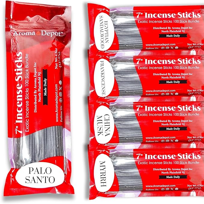 Aroma Depot Earth & Wood Vibes 7'' Incense Sticks - Variety Set 500 Pack - 7 inch - 5 Bundles 100 Sticks Per Scent. Set Features China Musk, Egyptian Sandalwood, Frankincense, Myrrh, Palo Santo