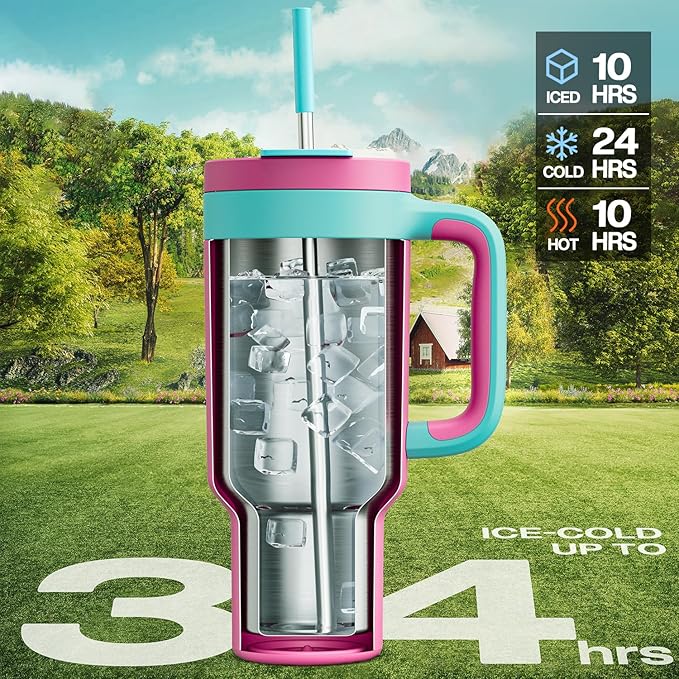 POWCAN 40 oz Tumbler with Handle, 2-in-1 Straw and Sip Lid, Leakproof, Dishwasher Safe, Insulated Stainless Steel Travel Coffee Mug, Keeps Cold for 34 Hours, Fits in Car Cup Holder (Petal) - Bloomnest
