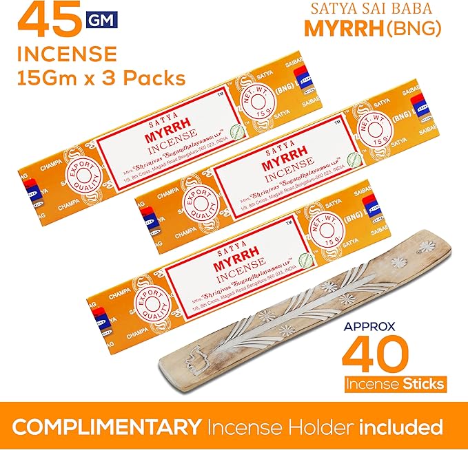 Satya Nagchampa Myrrh Incense Sticks, Satya Bng (Bangalore) Insenses 15gmx3 Pack (45 GMS) with Raajsee Incense Holder Bundle, Satya Nagchampa Natural Incense - Bloomnest