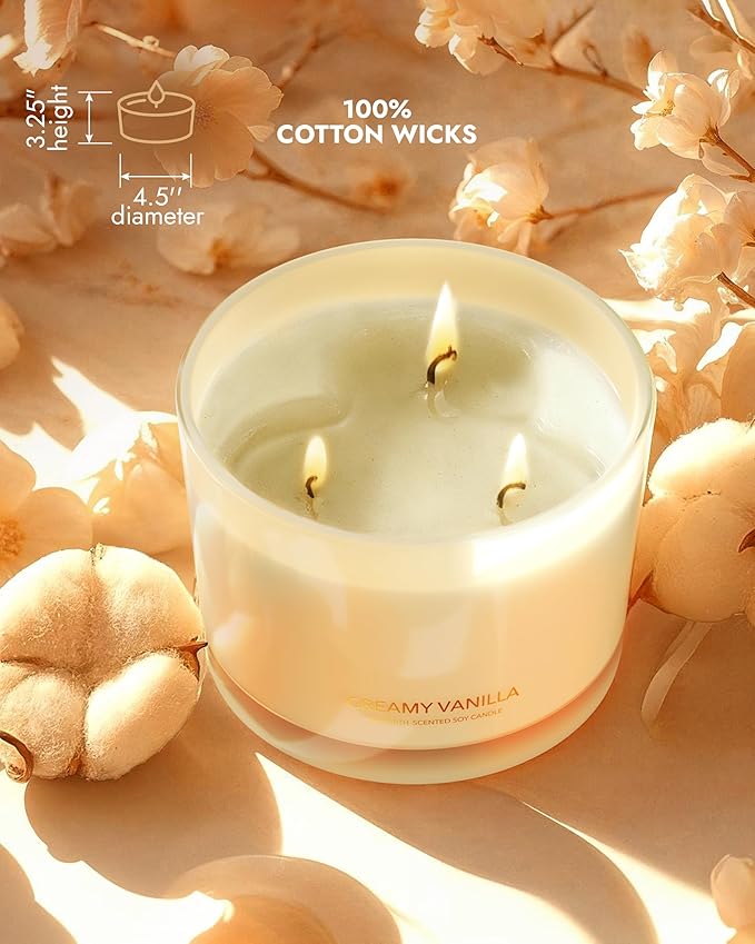 96NORTH Creamy Vanilla Scented Candles | Large 3 Wick Jar Candle | Up to 40 Hours Burning Time | 100% Natural Soy Wax | Relaxing Scented Candle for Home | Gift-Ready Luxury Candle for Men & Women - Bloomnest