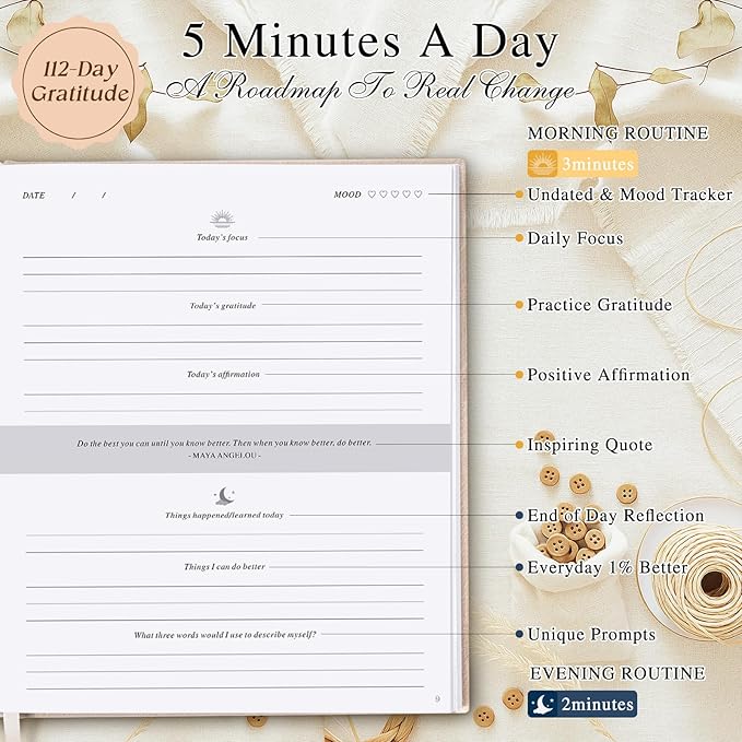 Lanpn Daily Gratitude Journal for Woman Men, 4 Month Mindfulness & Affirmation Planner, 7.8"x9.2" The 5 Minute Grateful Diary, Guided Reflection with Positivity Prompts Undated Notebook, Beige - Bloomnest