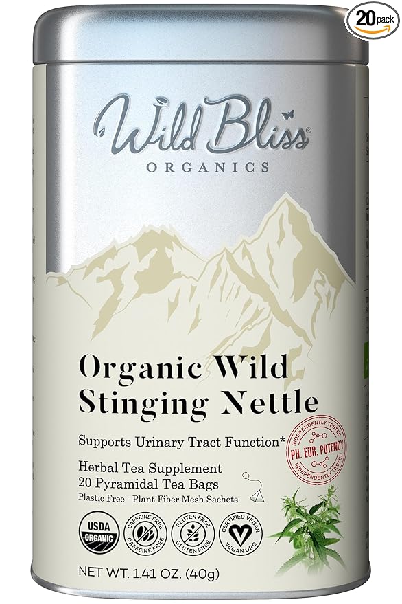 Wild Bliss Organic Wild Stinging Nettle Leaf Tea - Caffeine Free Urinary Tract and Joint Health Herbal Support - Pharmacopoeia Potency - 20 Plant Based Tea Bags - Bloomnest