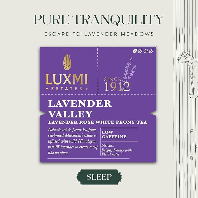 Luxmi Estates Lavender Valley Organic Lavender Tea (25 Tea Bags) Low Caffeine Tea Bags For Sleep, Relaxing, Calming, and Stress Relief, With Certified Organic Darjeeling Makaibari White Tea - Bloomnest