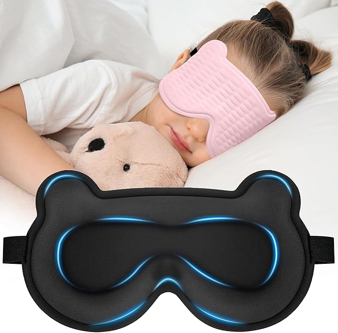 Kids Sleep Mask, 3D Sleeping Eye Mask for Kids with Adjustable Elastic Strap, Bear Shape Eye Cover with Memory Foam, Soft & Light-Blocking, Gift for Boys Girls Teens Age 5–15 (Light Pink) - Bloomnest
