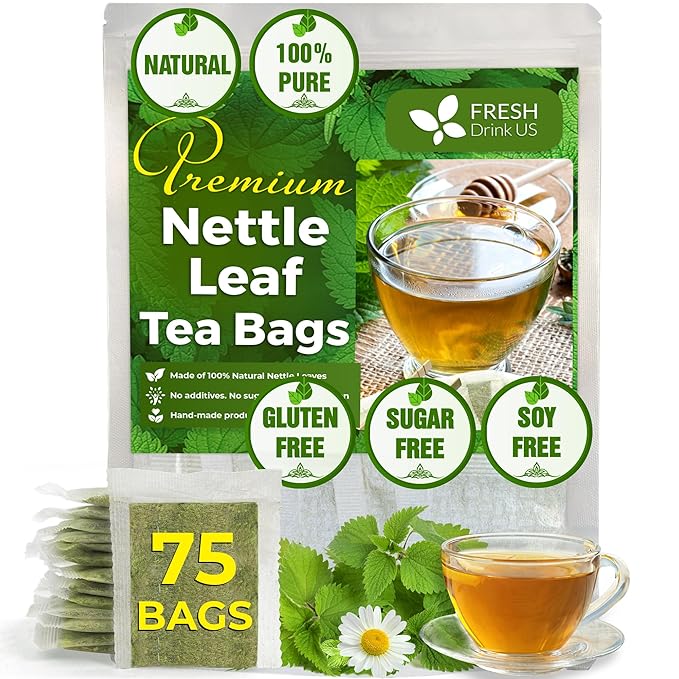 FreshDrinkUS, Premium 75 Nettle Leaf Tea Bags, 100% Natural & Pure from Nettle Leaves. Loose Leaf Nettle Herbal Tea. Nettle Leaf Tea. No Sugar, No Caffeine, No Gluten, Vegan. - Bloomnest