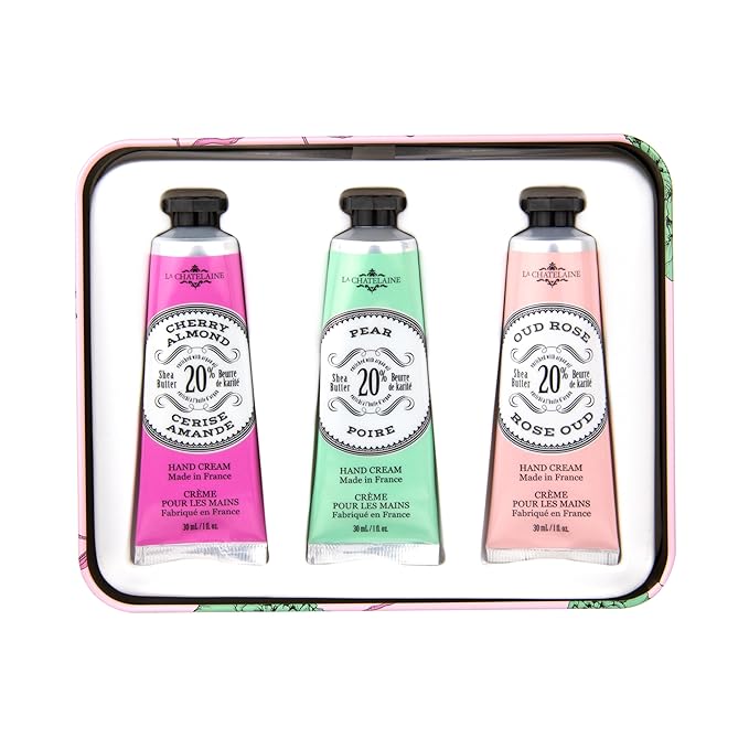 La Chatelaine Rose Hand Cream Trio Tin Gift Set, Ready-To-Gift Tin, Nautral, Made in France with 20% Organic Shea Butter, Nourishing and Moisturizing (Cherry Almond, Pear, Oud Rose) - Bloomnest