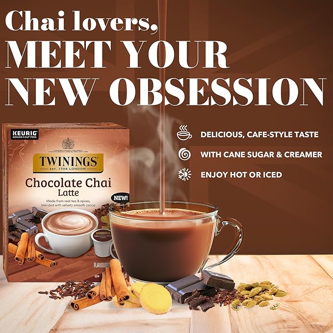NEW Twinings Chocolate Chai Latte Tea K-Cup Pods for Keurig, 22 Count (Pack of 1), Velvety Smooth Cocoa with Real Spiced Tea, Caffeinated, Enjoy Hot or Iced - Bloomnest