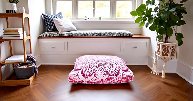 INDIAN CRAFT CASTLE 24" Pink Ombre Mandala Barmeri Large Floor Pillow Cover Cushion Meditation Seating Ottoman Throw Cover Hippie Decorative Zipped Bohemian Pouf Ottoman Pom Pom Cases 24" Square - Bloomnest