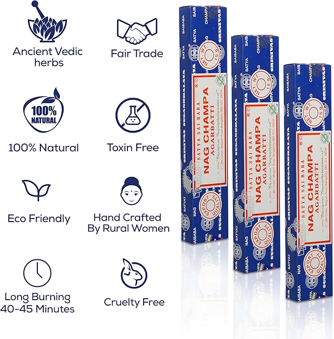 Satya Nagchampa Incense Sticks, Satya Bng (Bangalore) Insenses 15gmx3 Pack (45 GMS) with Raajsee Incence Holder Bundle, Satya Nagchampa Natural Incense - Bloomnest