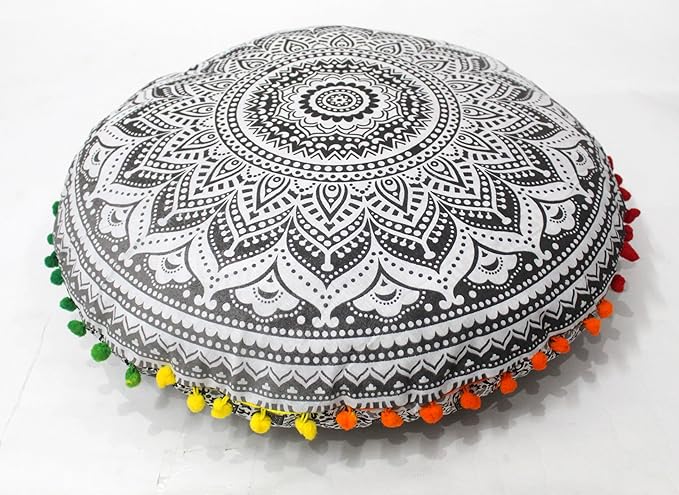 CRAFT KALA Large Round Bohemian Floor Pillow Pouf Cover Mandala Meditation Room Pillow Cover for Adults Boho Seating Poufs Cushion Cover for Kids Playroom 32" Round Grey Ombre - Bloomnest