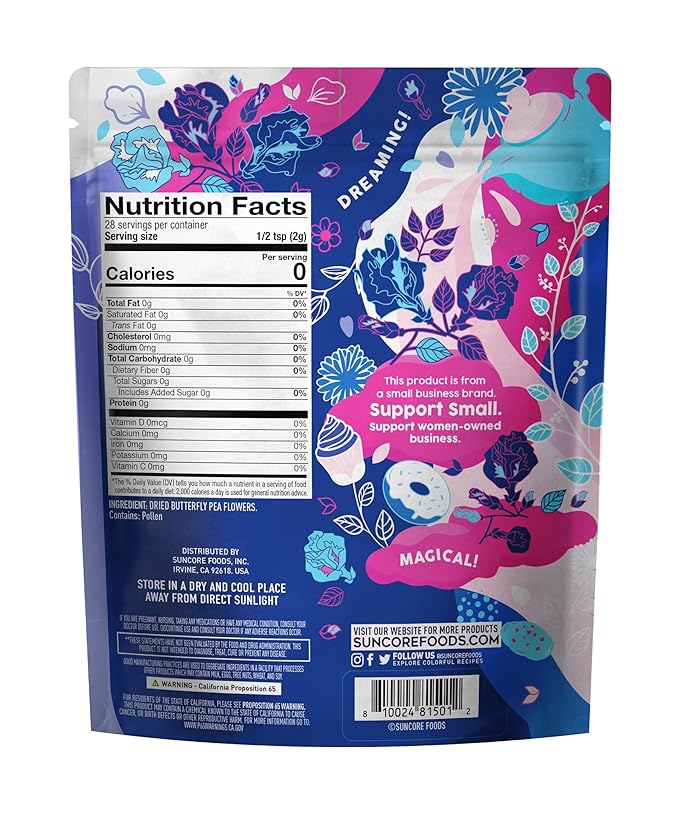 Suncore Foods Dried Butterfly Pea Flowers Bloom, Caffeine-Free Tea, Gluten-Free, Non-GMO, 2oz (1 Pack) - Bloomnest