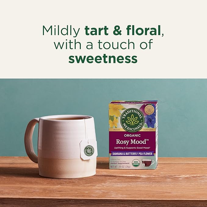 Traditional Medicinals Organic, Rosy Mood, Damiana & Butterfly Pea Flower - Uplifting Mood Support - Kosher, Non-GMO, Caffeine-Free, Compostable - 16 Tea Bags - Bloomnest