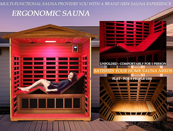 Red Cedar Ultra Low EMF Far Infrared Outdoor Sauna 3 Person with Ergonomic Seat, Mid-IR Beauty Lamp, 1950 W, 7 Infrared Carbon Plate Heaters, Chromotherapy Lamp, Reading Lamp, Bluetooth Speaker KUNSANA