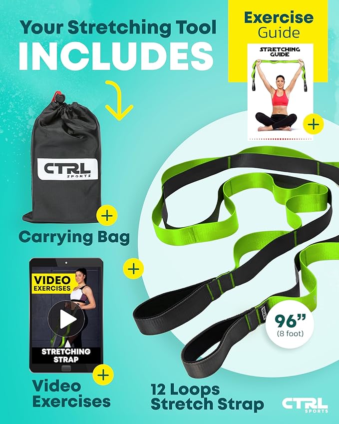 Stretching Strap with Loops - Non Elastic Stretch Band for Physical Therapy, Yoga Strap for Stretching Equipment, Stretch Bands for Exercise and Flexibility - Fascia, Hamstring & Leg Stretcher Belt