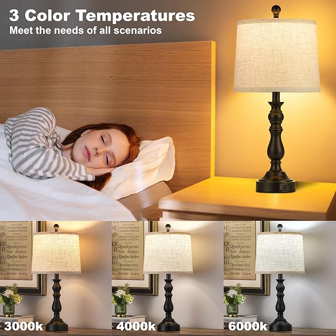 23'' Farmhouse Table Lamps for Living Room Set of 2 with USB C+A Ports, Retro Bedside Lamp for Bedroom, Office, Dining Room, Knob Switch, 3 Color Temperatures, Bulb Included, Black - Bloomnest