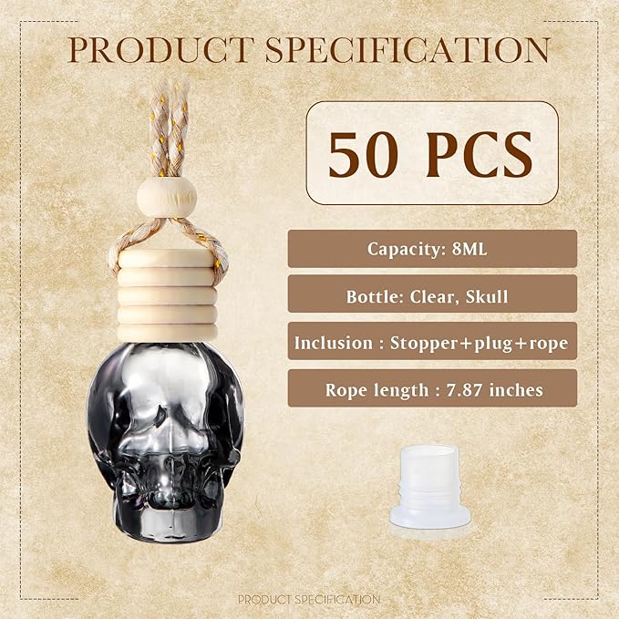 50 Pcs Hanging Car Air Freshener Black Car Diffuser Bottles Empty Glass Perfume Bottles Air Freshener Diffuser Pendant for Essential Oils Fragrance Aromatherapy Ornament (Skeleton) - Bloomnest