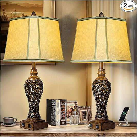 28.5'' Tall Farmhouse Vintage Table Lamp Set of 2 with Faux Silk Shade USB Ports Nightlight Decor for Bedside Living Room Bedroom Nightstands Office Home, Dark Bronze(Bulbs Included) - Bloomnest