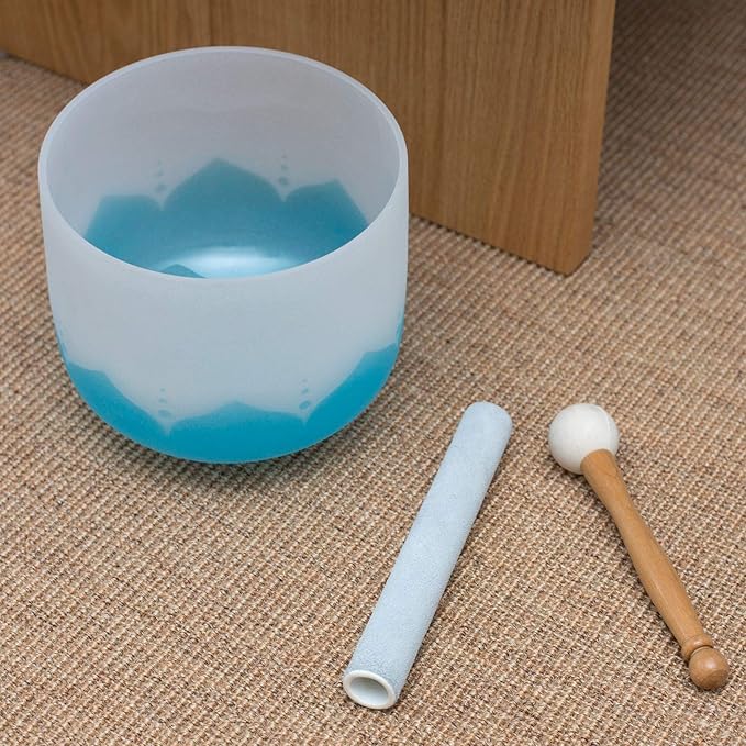 Leize Blue Lotus Design Crystal Singing Bowl G Note Throat Chakra Blue 8" with Heavy Duty Carrying Case Suede Striker