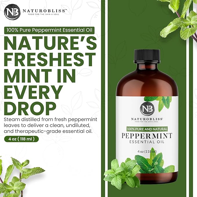 NaturoBliss Peppermint Essential Oil, 100% Pure and Natural Therapeutic Grade, Premium Quality Peppermint Oil, 4 fl. Oz - Perfect for Aromatherapy and Relaxation - Bloomnest