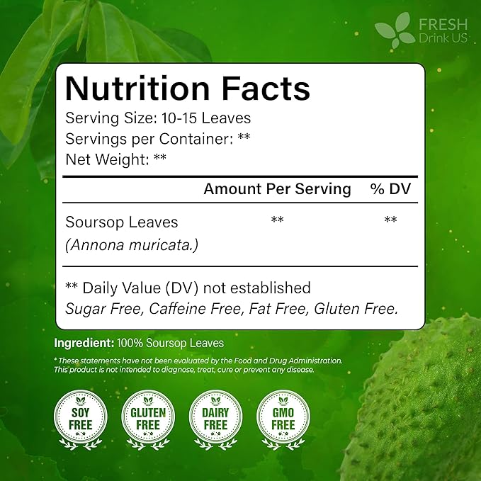 FreshDrinkUS, Premium 8oz Soursop Dried Leaves Loose Leaf Tea – 100% Pure Annona Muricata Leaves, Naturally Dried, Caffeine-Free Herbal Tea for Daily Enjoyment. Sugar-Free. Vegan - Bloomnest