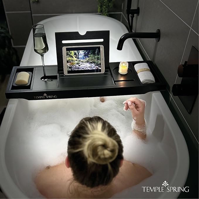 Temple Spring Wooden Bathtub Tray, Bamboo Bathroom Accessories, Bath Tray for Tub, at Home Spa Essentials, Board for Tub Table, Bath Caddy for Bathtub Accessories & Bathroom Essentials – Black - Bloomnest