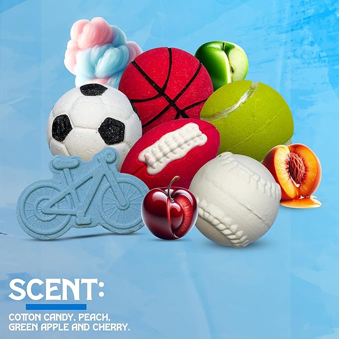 Bath Bombs for Boys W/Educational Flash Cards - Bathbombs with Toys Inside - 2.5 oz Gift Set of 6 Scented Organic Handmade with Natural Essential Oils - Sports Surprise Inside by Zenseme - Bloomnest